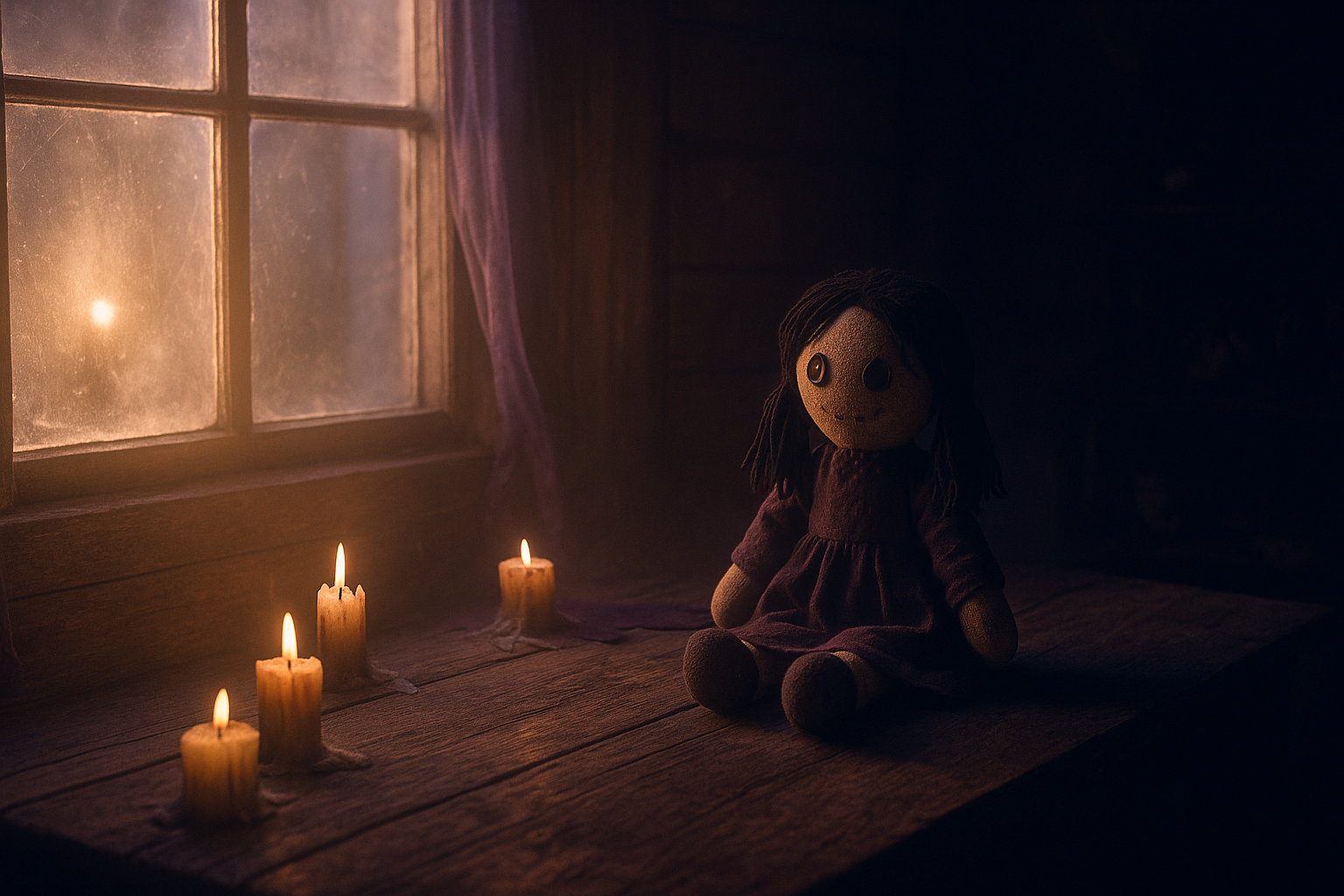 Bonecas de pano ganhando vida e dançando ao redor das velas