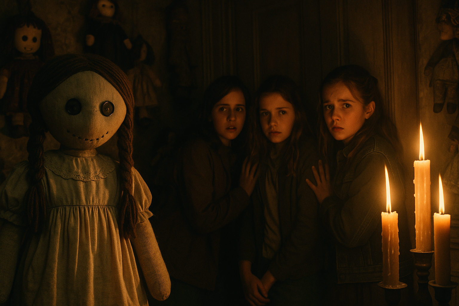 Boneca de pano iluminada pelo amanhecer entre velas derretidas