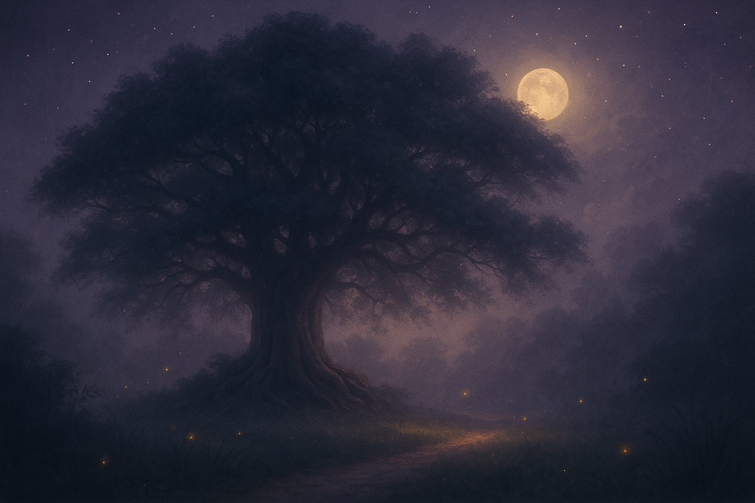 A grande seringueira sob o luar e o caminho de terra