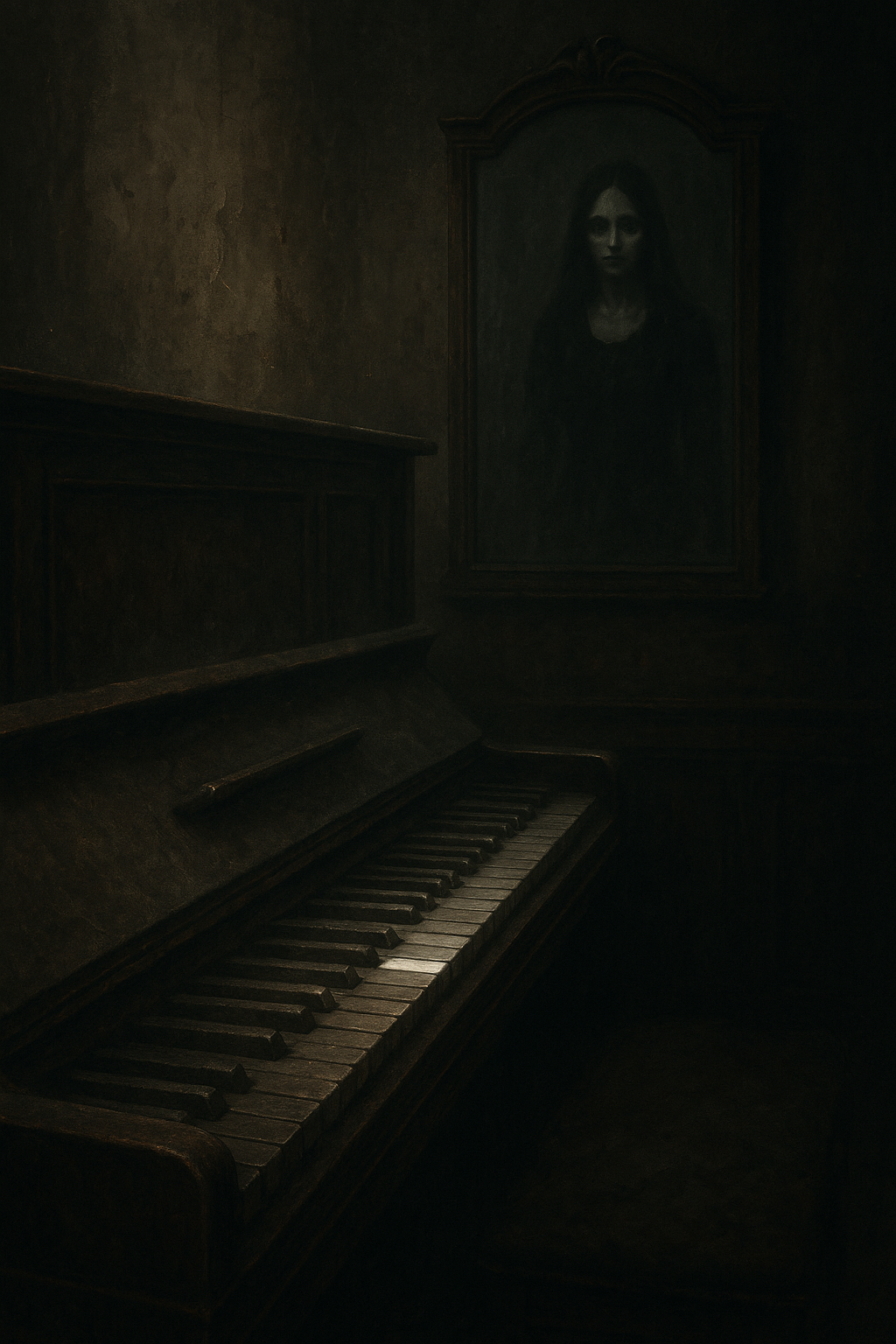 Salão antigo com piano empoeirado e espelho refletindo mulher pálida de preto