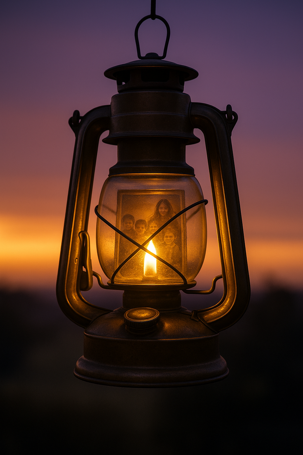 Close da lamparina acesa com pequena fotografia dentro do vidro