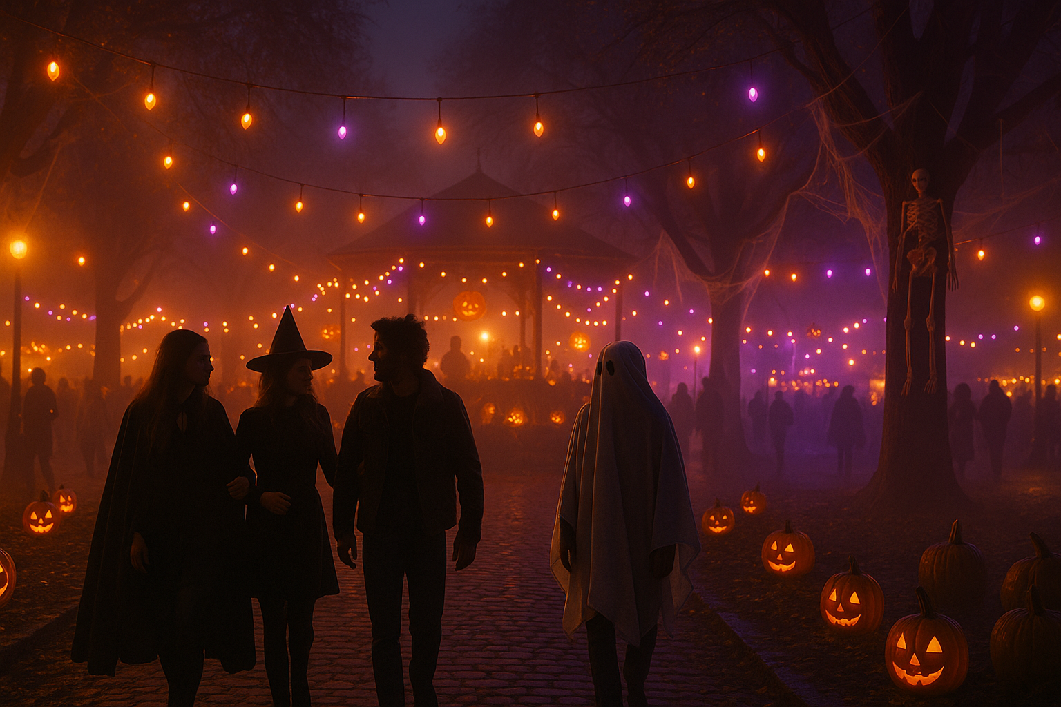 Praça Central decorada para o Halloween, lanternas e abóboras iluminadas