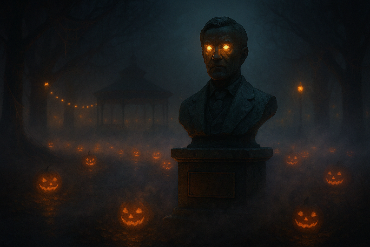 Estátua antiga iluminada por velas, olhos de pedra brilhando sob a névoa