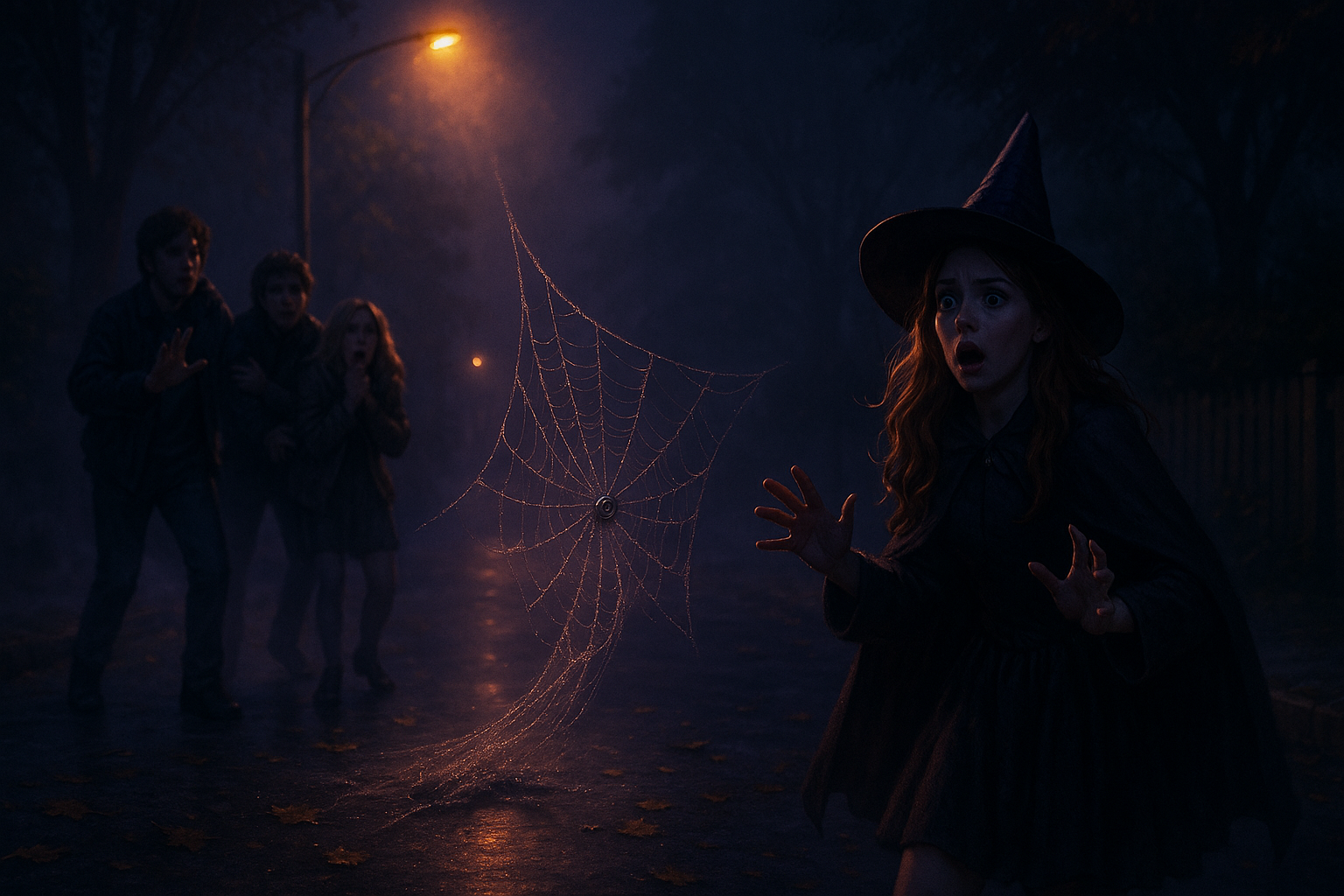 Rua vazia à noite com luz de poste e sombra misteriosa ao fundo